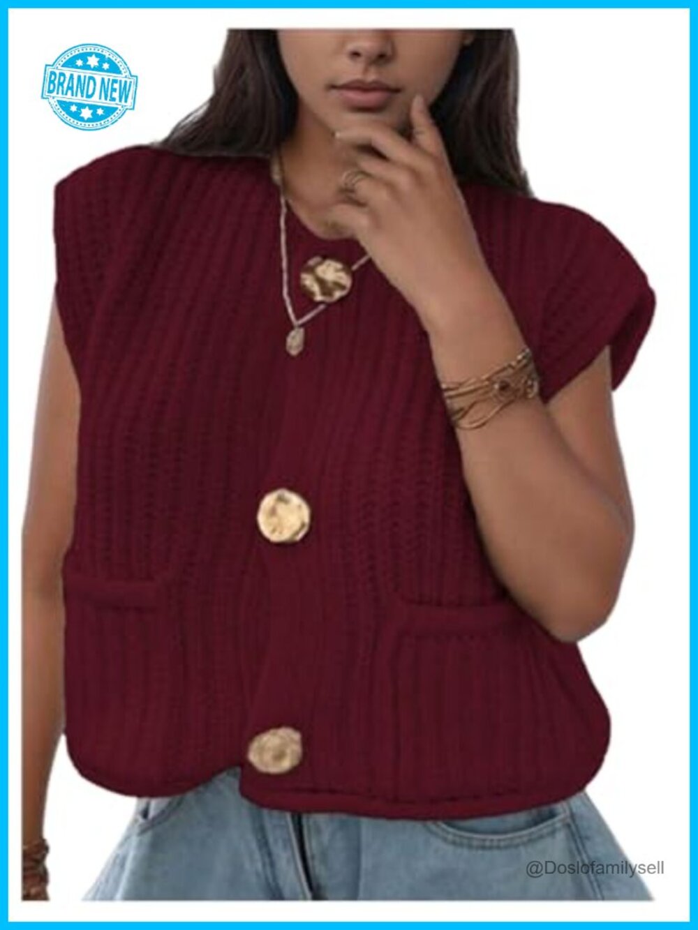 Chunky Knit Sweater Vest Button Down Sleeveless Cardigan with Pockets